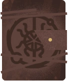 A brown leather-bound book with the symbol of skolekosophy on the cover