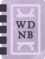 A pale purple book with the letters WD NB on the cover